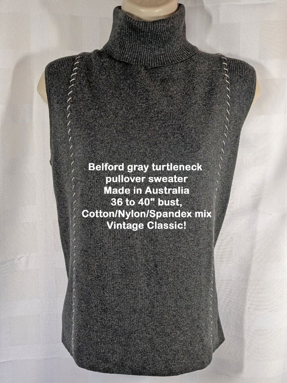 BELFORD gray turtleneck pullover sweater, Made in Australia, 36 to 40" bust
